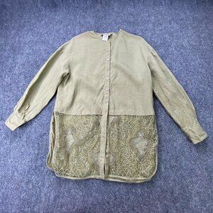Como‎ Shirt Womens S Tan Linen Tunic Lace Mandala Panels Boho Artisan Lagenlook